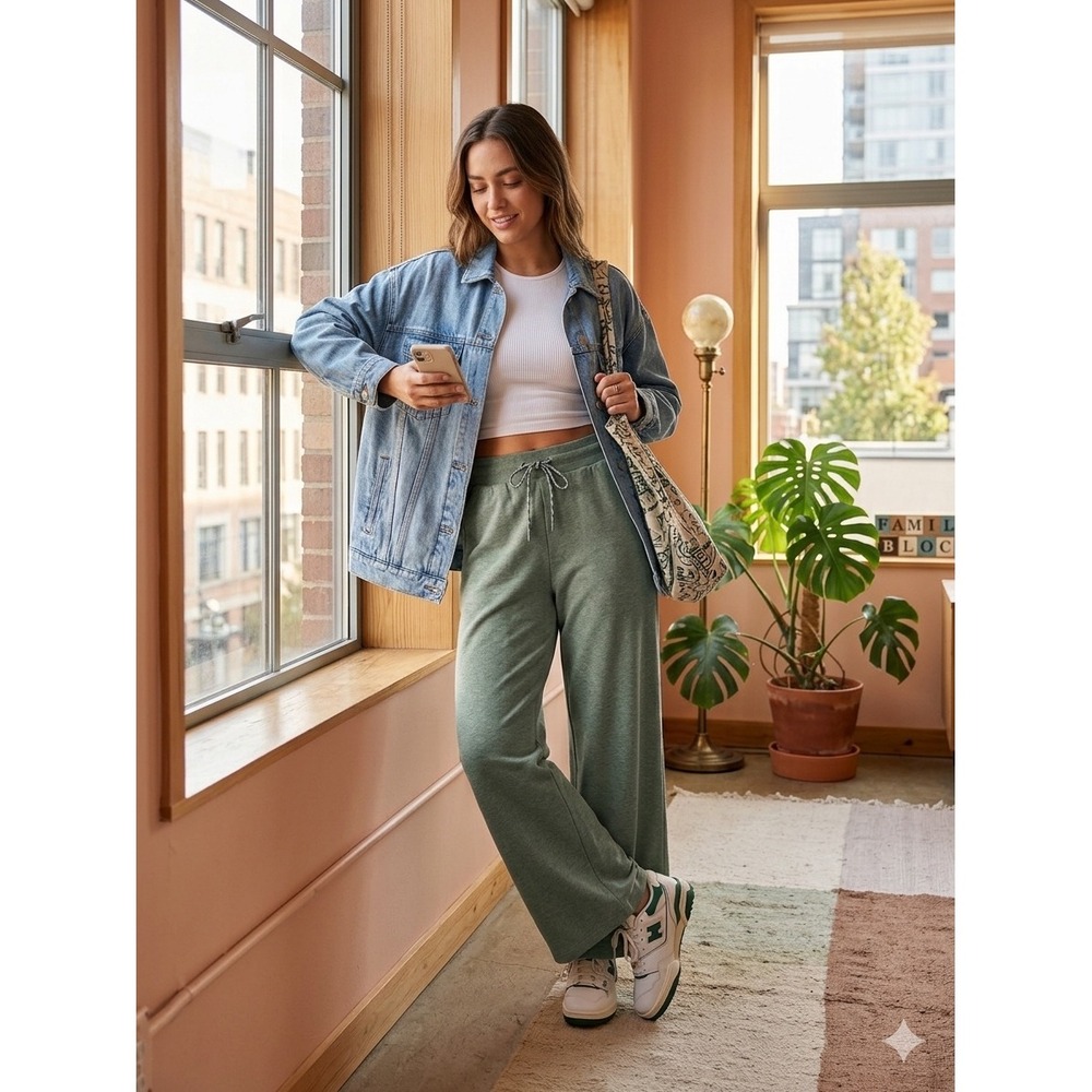 Lou & Grey Elite Fleece Wide Leg Sweatpants Sage Green Heathered Medium - Picture 1 of 5
